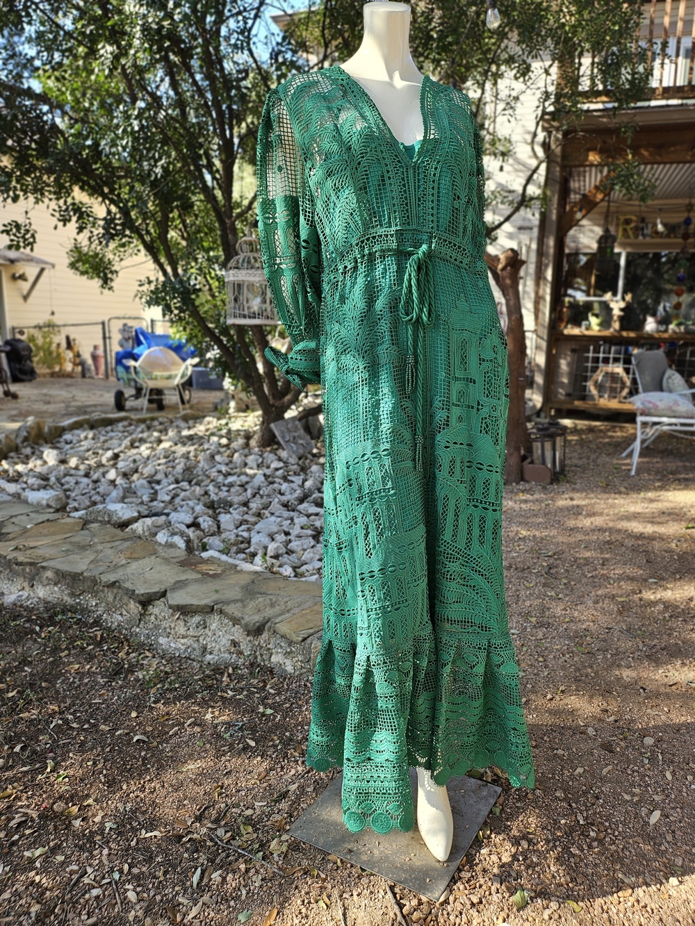 Gorgeous FARM Rio Green Lace Morada Boa Guipure Maxi Dress, Small